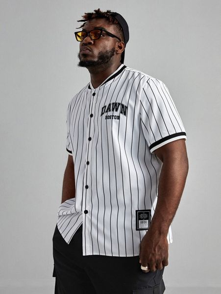 

extended sizes men striped & letter graphic patch detail shirt u69h#, White;black