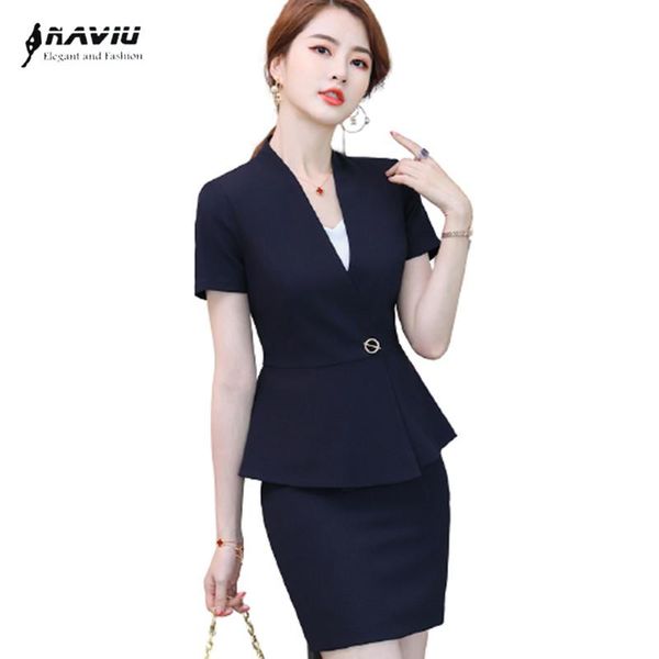 

two piece dress hight end skirt suits women summer temperament short sleeve formal slim blazer and office ladies work wear, White