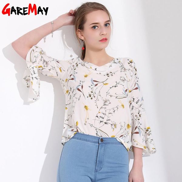 

women's blouses & shirts womens summer and loose floral printed women chiffon blouse shirt lady casual ruffles long sleeve chemise fem, White