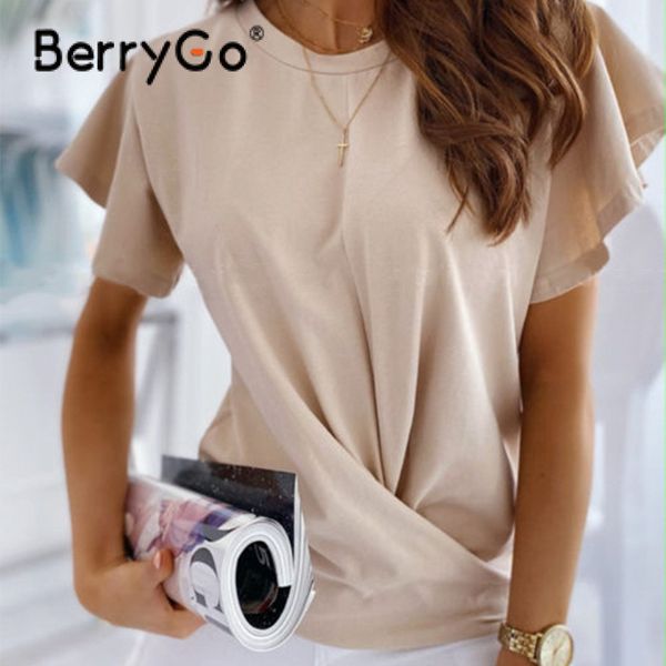 

berrygo summer short-sleeved women t-shirt office ladies o-neck ruffle solid casual cotton elegant female cozy 210513, White