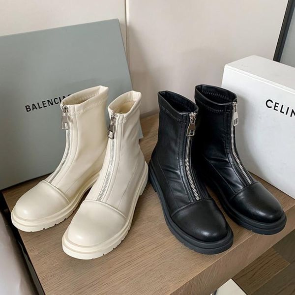 

boots size 33-43 front zipper women 2021 autumn winter motorcycle woman black beige short booties dress shoes lady