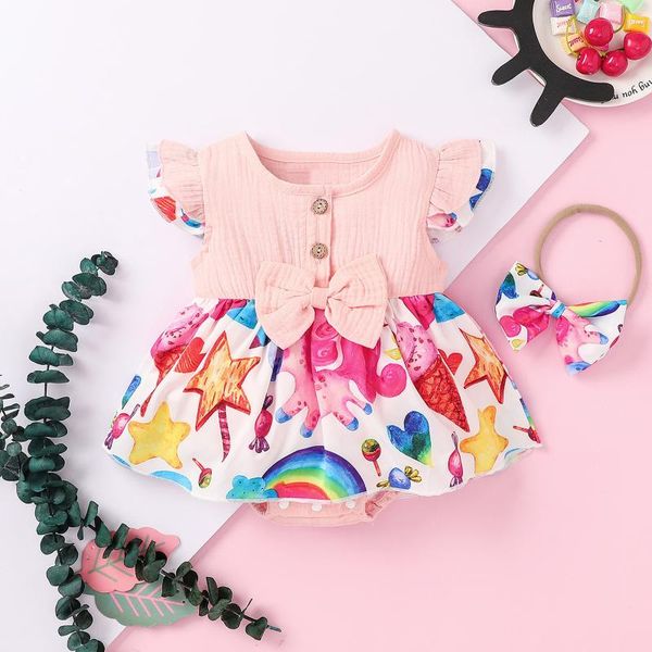 

girl's dresses born infant baby girls dress summer cotton linen printing bow knot buttons stitching cartoon rainbow romper bodysuit, Red;yellow