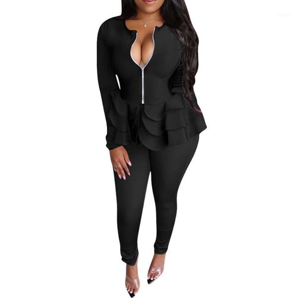 

two piece dress office ladies set women setx autumn elegant black long sleeve v neck ruffle blouse pencil pants causal suits, White