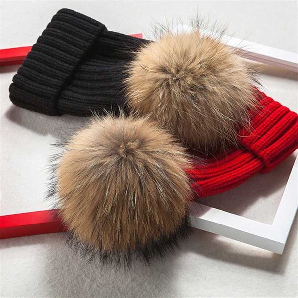 

brand winter hat for women beanies cap real raccoon fur pompom s bonnet femme girls casual 211119, Blue;gray