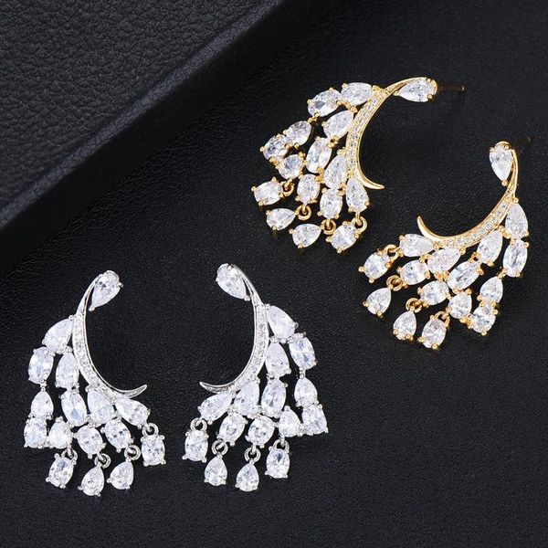 

stud godki elegant statement crystal earrings for woman punk rock boucle d'oreille vintage jewelry dazzling cubic zircon brincos, Golden;silver