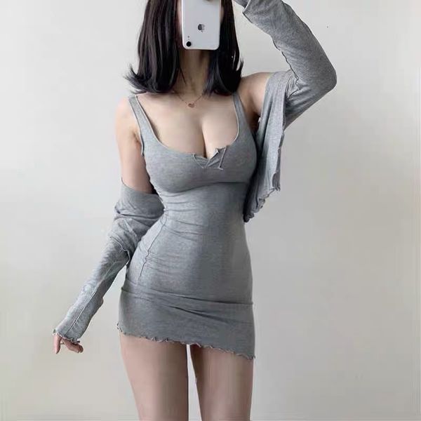 

two piece dress spring and autumn slim cardigan set two-piece women's gray short long sleeve tight stretch mini z09y, White