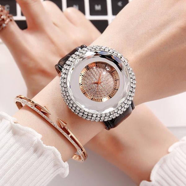 

wristwatches fashion rhinestone crystal watches women leather band big dial casual ladies blingbling quartz wristwatch relogio feminino relo, Slivery;brown
