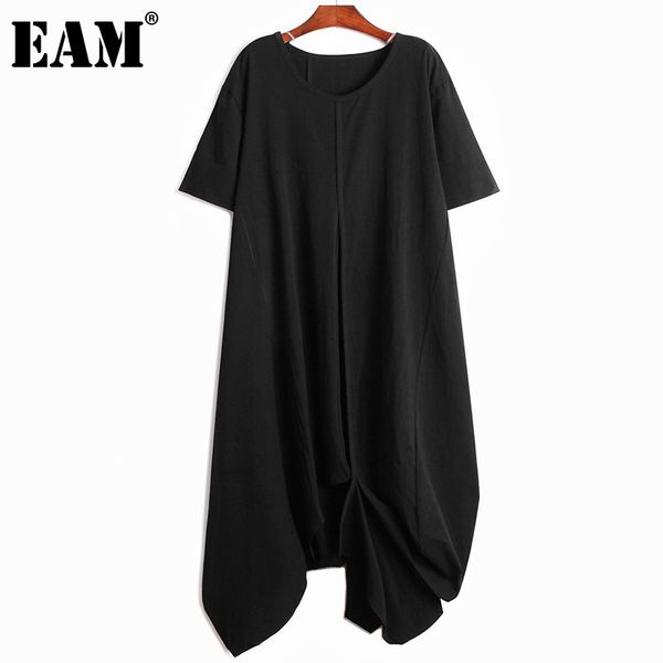 

[eam] women black asymmetric big size long dress round neck short sleeve loose fit fashion spring summer 1dd6157 210512, Black;gray