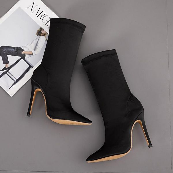 

boots elastic women's shoes pointed out cloth thin super high heel large size, Black