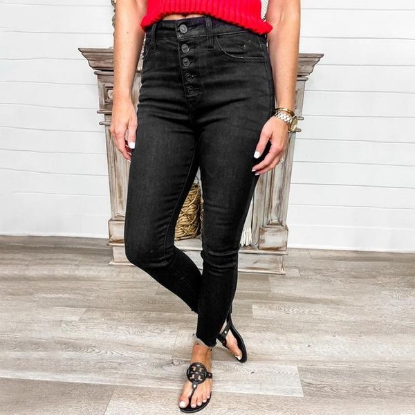 

women's jeans 2021 vintage skinny four buttons high waist pencil women slim fit stretch denim pants full length tight trousers, Blue