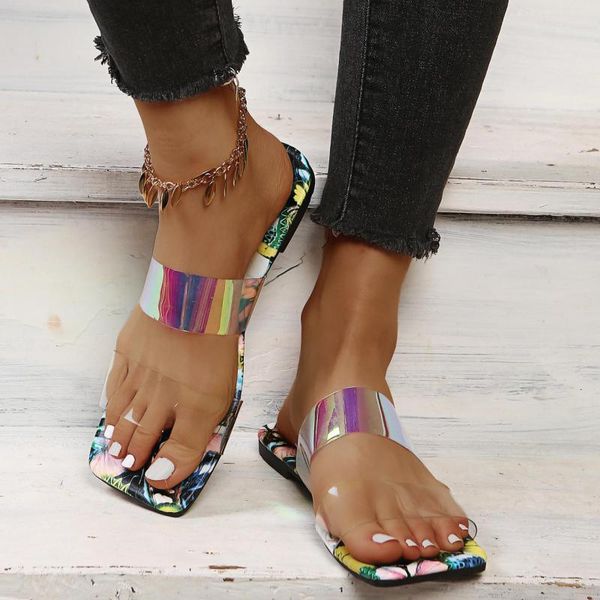 

slippers women's fashion casual square head butterflies printed flat 2021 summer beach sandals non slip lady shoes punk style 43, Black