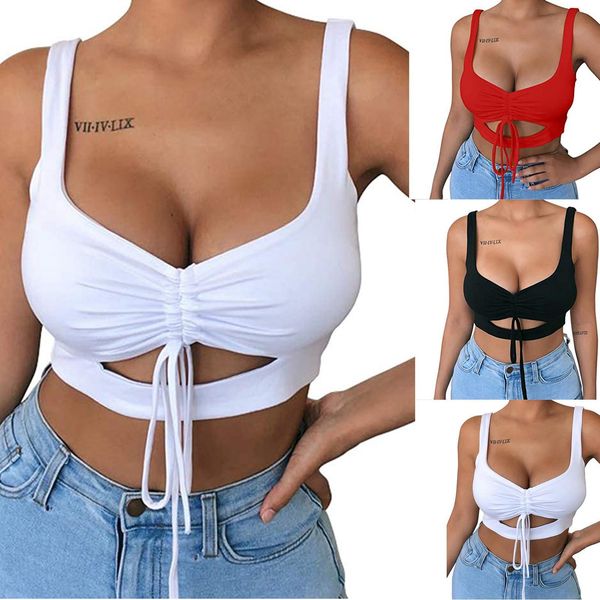 

crop summer shoulder women cami belt hollow wrinkled bandage vest camisole camis, White