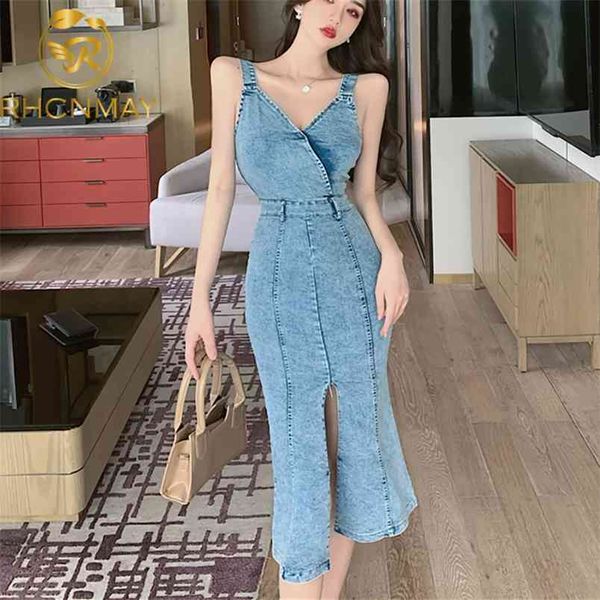 

summer casual waist hugging slim computer cable lock split dress women commuter elegant strap a- line denim female 210506, Black;gray