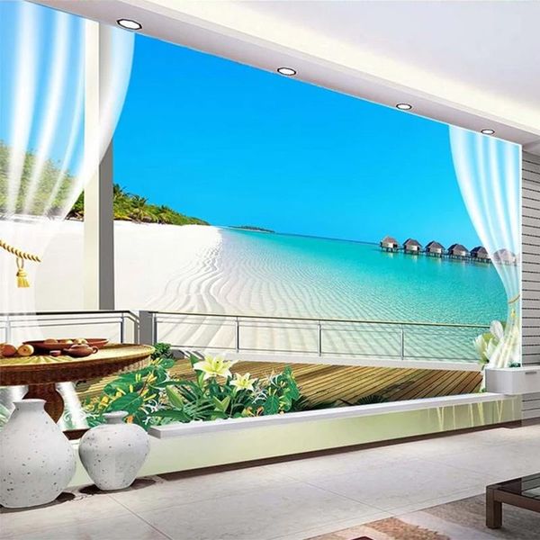 

wallpapers custom any size po murals wallpaper 3d stereo window balcony beach sea view wall cloth living room home decor paintings