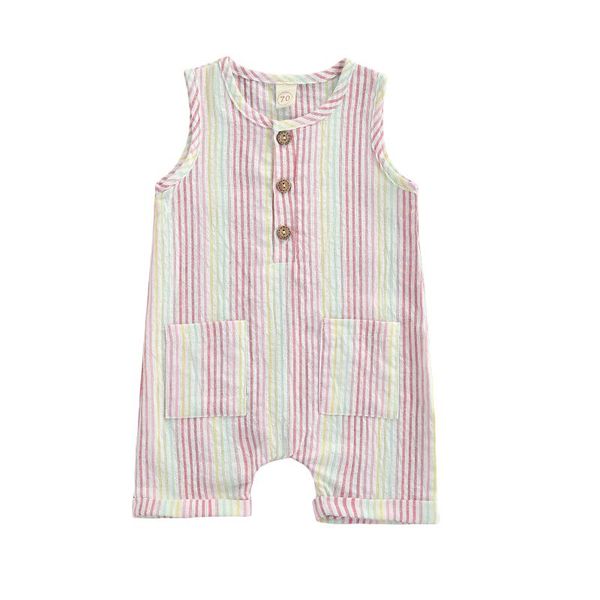 

rompers baby girls striped short romper, sleeveless o-neck jumpsuit with pockets for summer,button closure/born infant/round collar, Blue
