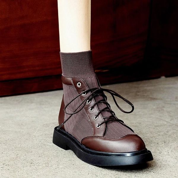 

autumn winter genuine leather patchwork stretch socks boots streetwear round toe lace up casual high motorcycle, Black