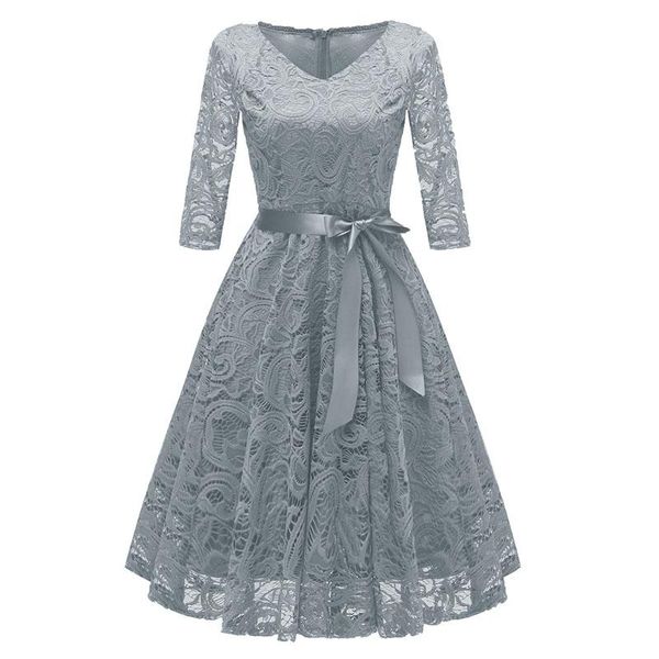 

casual dresses solid color women party dress with belt 50s 60s vintage autumn robe 3/4 sleeve elegant swing hepburn lace midi vestidos, Black;gray