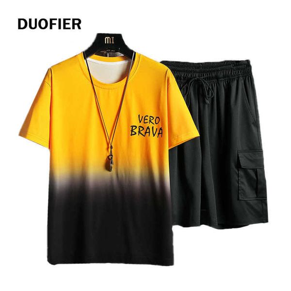 

casual men t-shirt two-piece summer hip hop mens short sleeve+pants harajuku male suit clothes men's japanese loose 5xl 210714, Gray