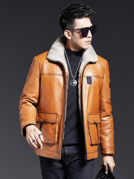 

shearling mens genuine leather clothes mink lapel lamb fur liner jacket winter coat men's & faux, Black