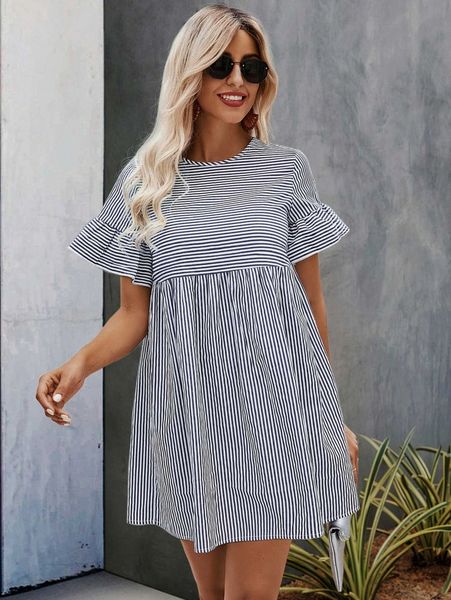

striped print flounce sleeve smock dress t42p#, Black;gray