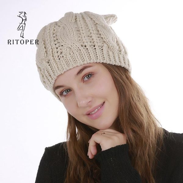 

autumn and winter knit warm women's beanie hat jacquard 8 word twist cat ears cute wool single layer beanie/skull caps, Blue;gray