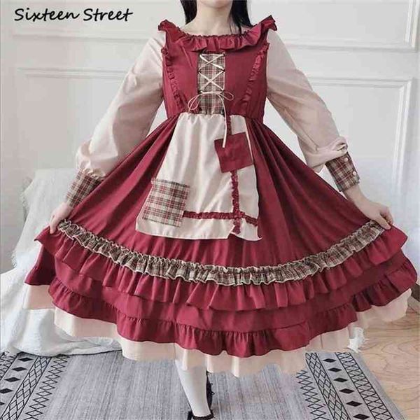 Abito Lolita vintage Donna con mantello Vita alta Borgogna Kawaii es Abbigliamento Giappone Primavera Autunno Donna media 210603