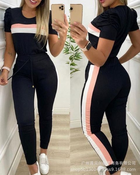 

women's two piece pants two-piece set women sports suit color matching casual round neck tiered puff sleeve short long pattern skinny, White