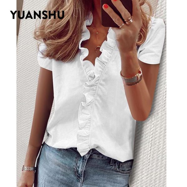 

women's blouses & shirts yuanshu women short sleeve ruffles neck casual blouse white shirt loose streetwear