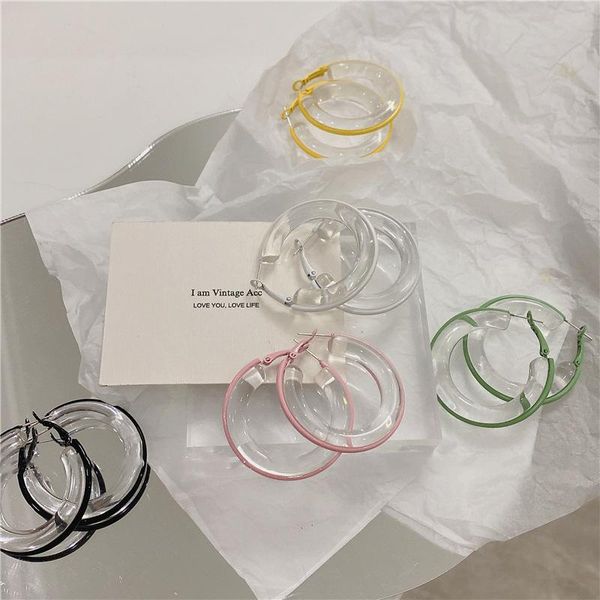 

hoop & huggie 2021 korean vintage colorful earrings transparent geometric round acrylic for woman girls aesthetic jewelry, Golden;silver
