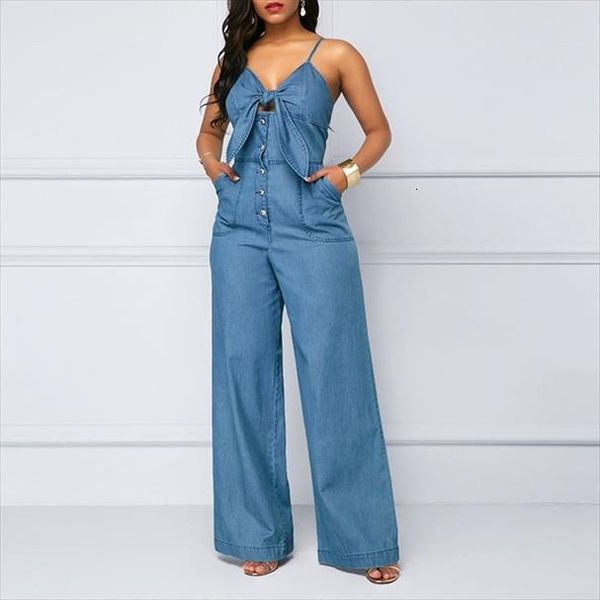 

fashion wide leg denim button womens jeans bow sleeveless full length overalls solid low cut sling jumpsuit pants, Blue