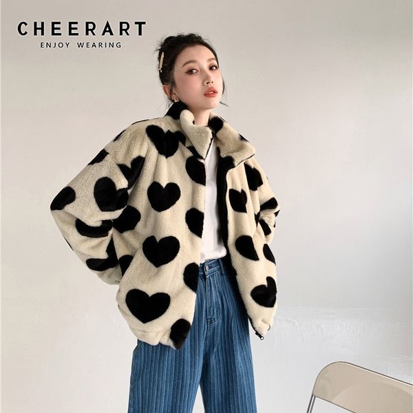 

beige faux fur coat women heart print sherpa kawaii fleece jacket cute winter outerwear korean fashion clothing 210427, Black