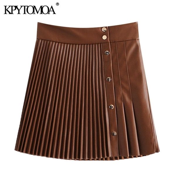 

kpytomoa women chic fashion pleated faux leather mini skirt vintage with metal snap buttons female skirts mujer 210619, Black