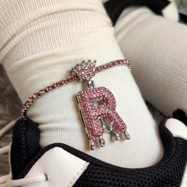 

anklets flatfoosie a-z initial letter crown crystal bracelet for women pink rhinestone tennis chain anklet barefoot jewelry gift, Red;blue