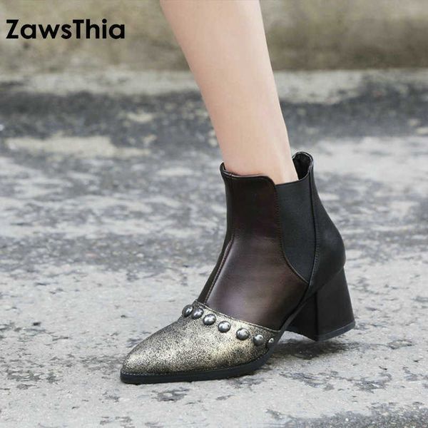 

zawsthia punk winter autumn woman shoes studded ankle boots hoof med heels martin boots for women big size 47 48 210611, Black