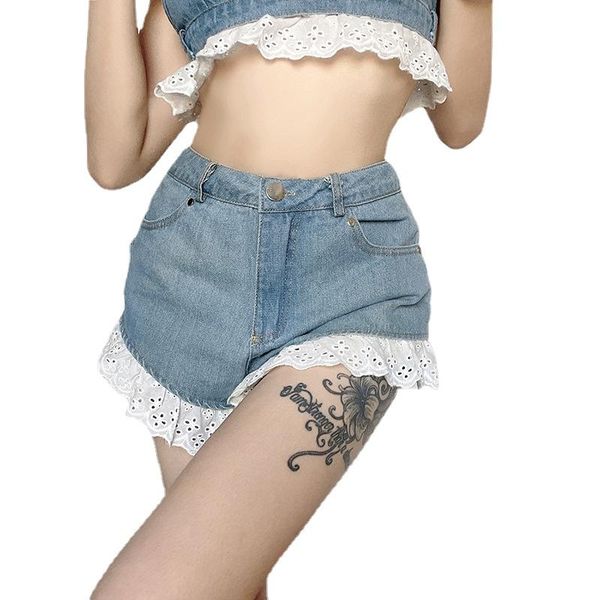 

women's shorts college style denim girl lace design high waist short pants women jeans for, White;black
