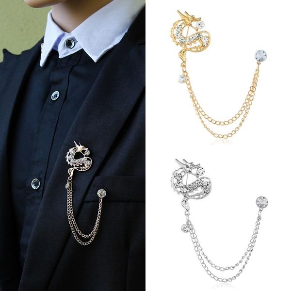 

pins, brooches suit lapel badg brooch chinese dragon jewelry pin chest badge setting rainstone chain gifts for men, Gray