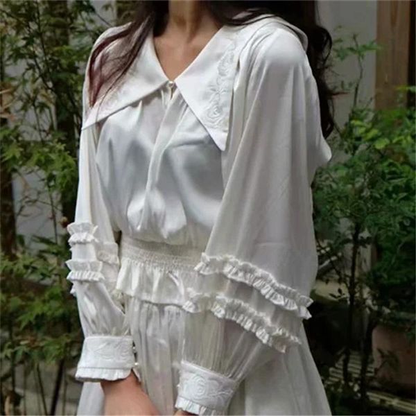 

vintage floral embroidery ruffles silk satin white blouse shirt women autumn long lantern sleeve turn down collar lady 2021 women's bl