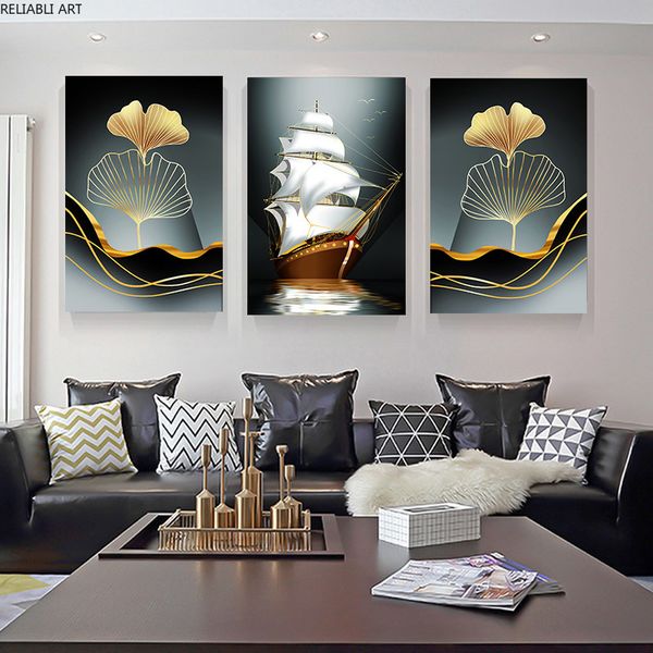 Decorazioni murali moderne per barche a vela Ginkgo Biloba dorato Linee dorate astratte Arte Cuadros Stampa Tela Pittura Decorazioni per la casa di lusso