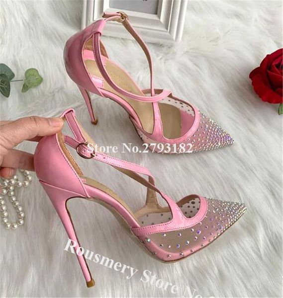 

dress shoes brand design pointed toe rhinestone mesh stiletto heel pump pink silver crystal strap cross high heels wedding, Black