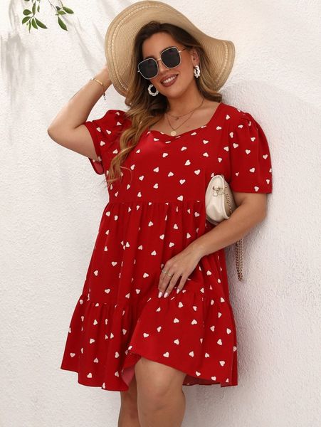 

plus heart print puff sleeve ruffle hem dress p6rt#, Black