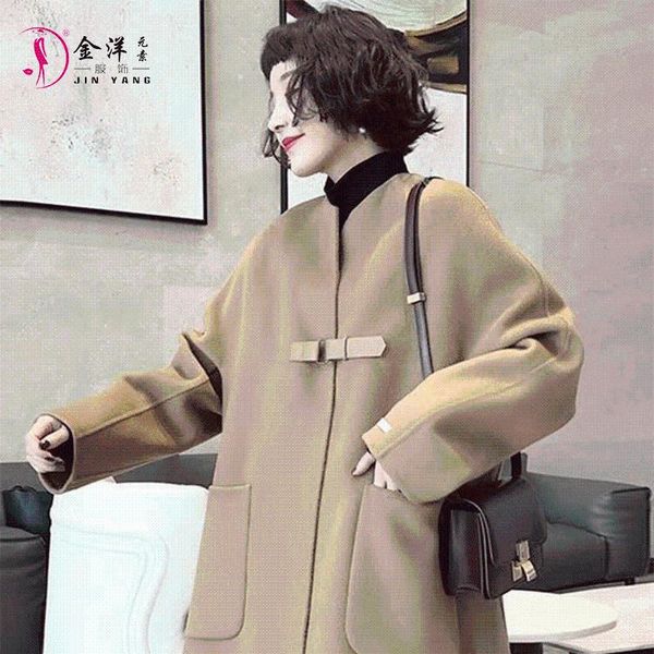 

women's wool & blends fashion woolen overcoat collarless middle long double faced women, Black