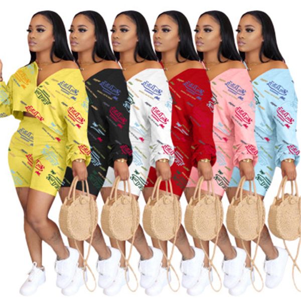 

womens letter graffiti printing tracksuits fashion trend long sleeve v-neck loose shorts suits female summer oblique shoulder casual 2pcs s, Gray