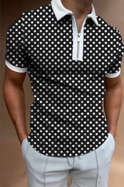 

summer lapel neck short sleeve polo shirt print polka dot men's casual breathable tees, White;black