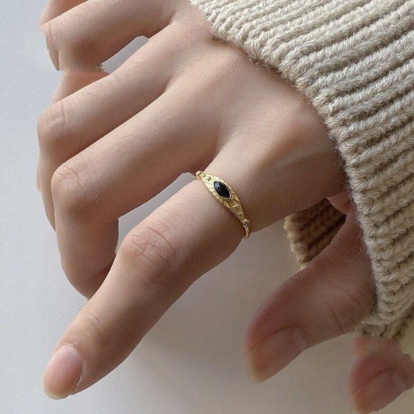 

cluster rings a00632 jazaz fashion korean geometric black zircon demon eye finger ring for women genuine 925 sterling silver bohemian gift, Golden;silver