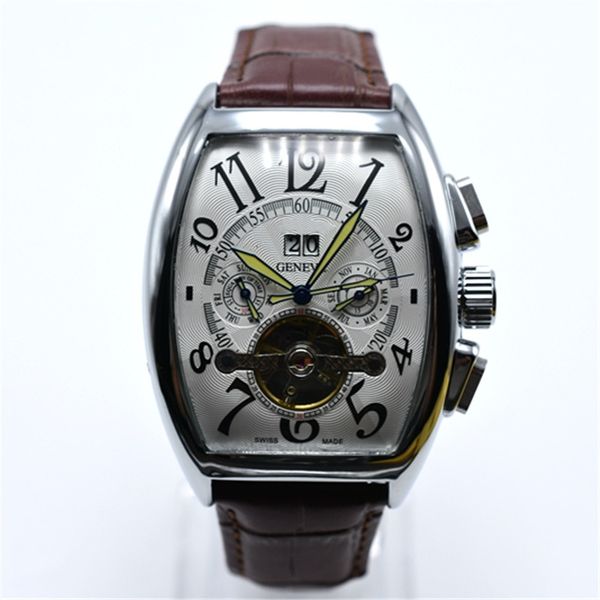 

aaa geneva luxury brand leather mechanical automatic mens watches dropshipping tourbillon skeleton gold men wristwatch, Slivery;brown