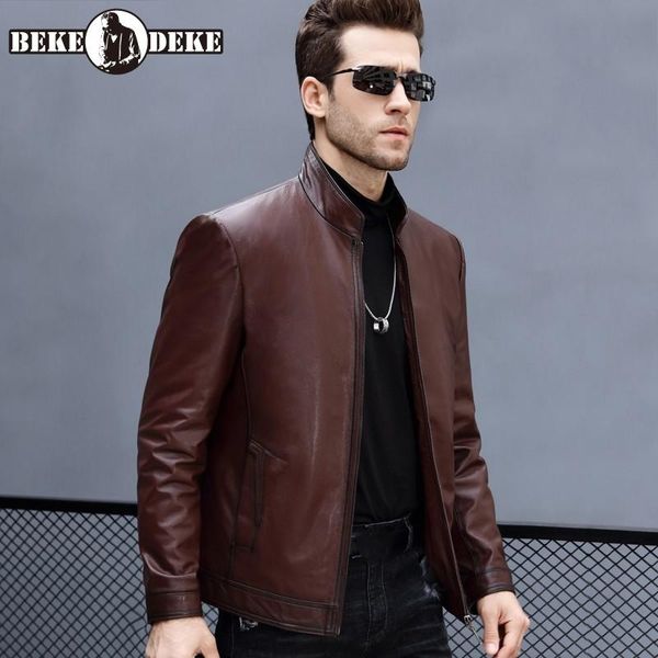 

men's leather & faux winter genuine jackets mens short o-neck zippers slim male business cowhide down jacket casual thick outerwear, Black