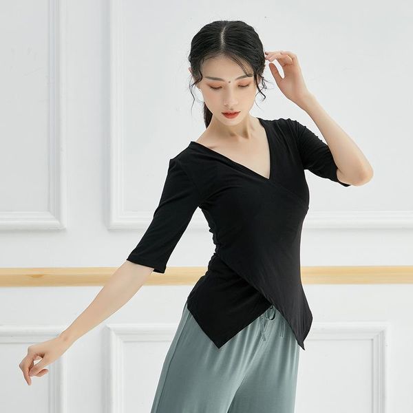 

women's yoga tshirt v neck long-sleeved cross-neck latin casual dance modern clothes sportswear female outfits, White;red