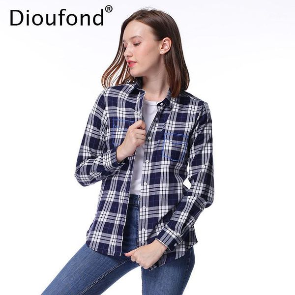 

dioufond autumn winter flannel plaid shirt women embroidered pocket long sleeve checkered blouse casual shirts plus size women's blouse, White