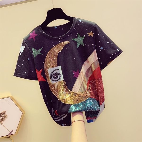 

women's o neck short sleeves sequin beading t-shirt tee summer female pullover casual tees a2725 210428, White