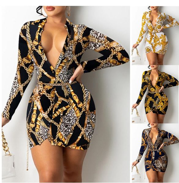 

727.summer fashion print v-neck long sleeve skirt dress women's wear, Black;gray